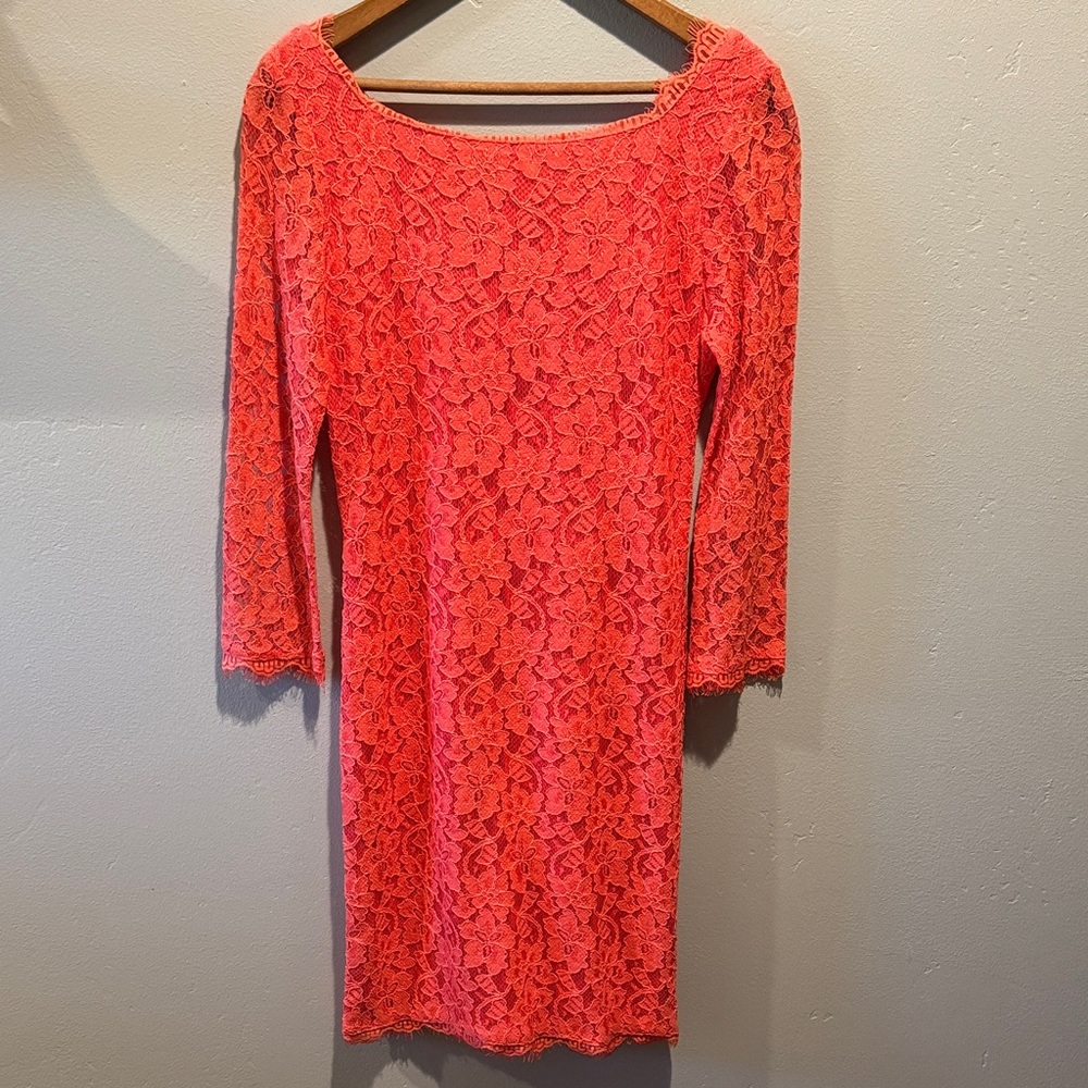 Diane Von Furstenberg Coral Pink Lace Sheath Long Sleeve Lacey Fitted Dress